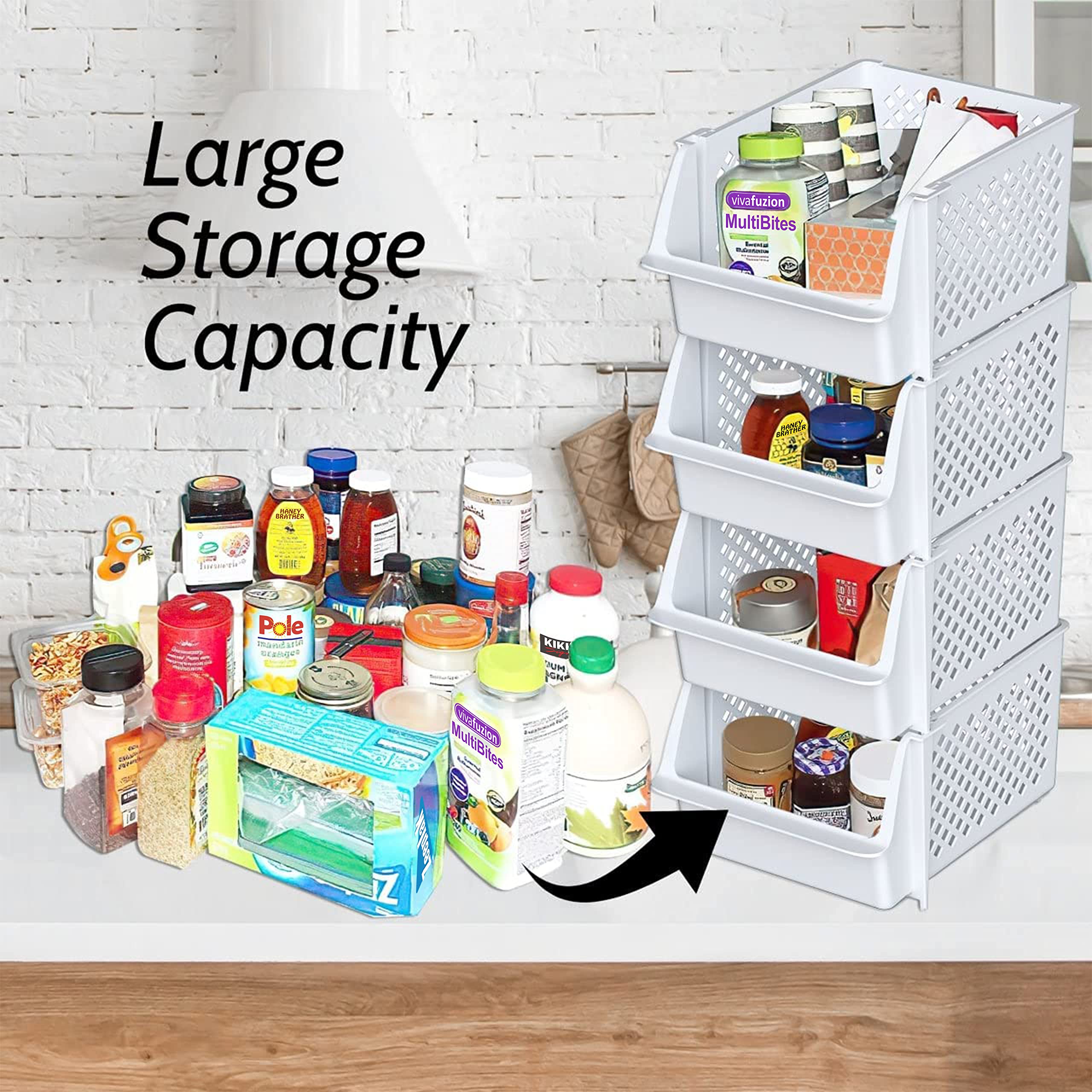 Skywin TidyFriend stackable bin for kitchen supplies saves vertical space with open-front access