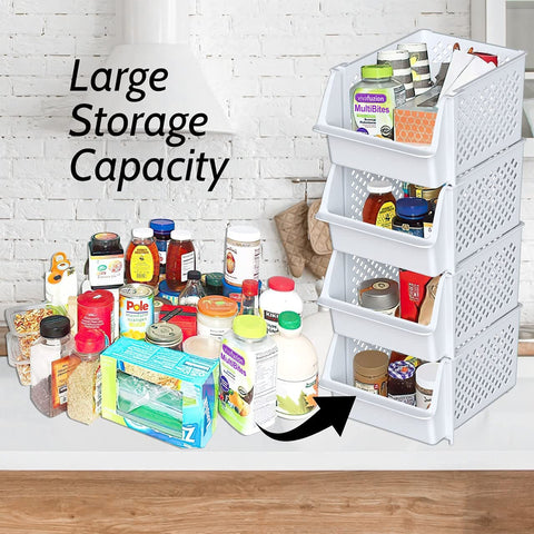 Skywin TidyFriend stackable bin for kitchen supplies saves vertical space with open-front access
