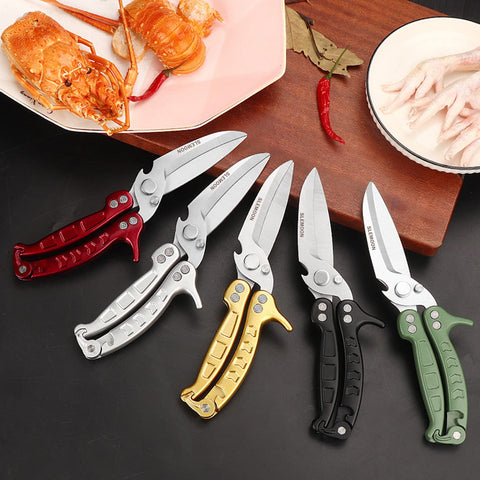 SLEMOON heavy-duty kitchen scissors in action for tough cuts.