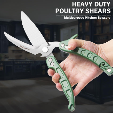 SLEMOON poultry shears with ergonomic fishbone handle for comfortable grip.