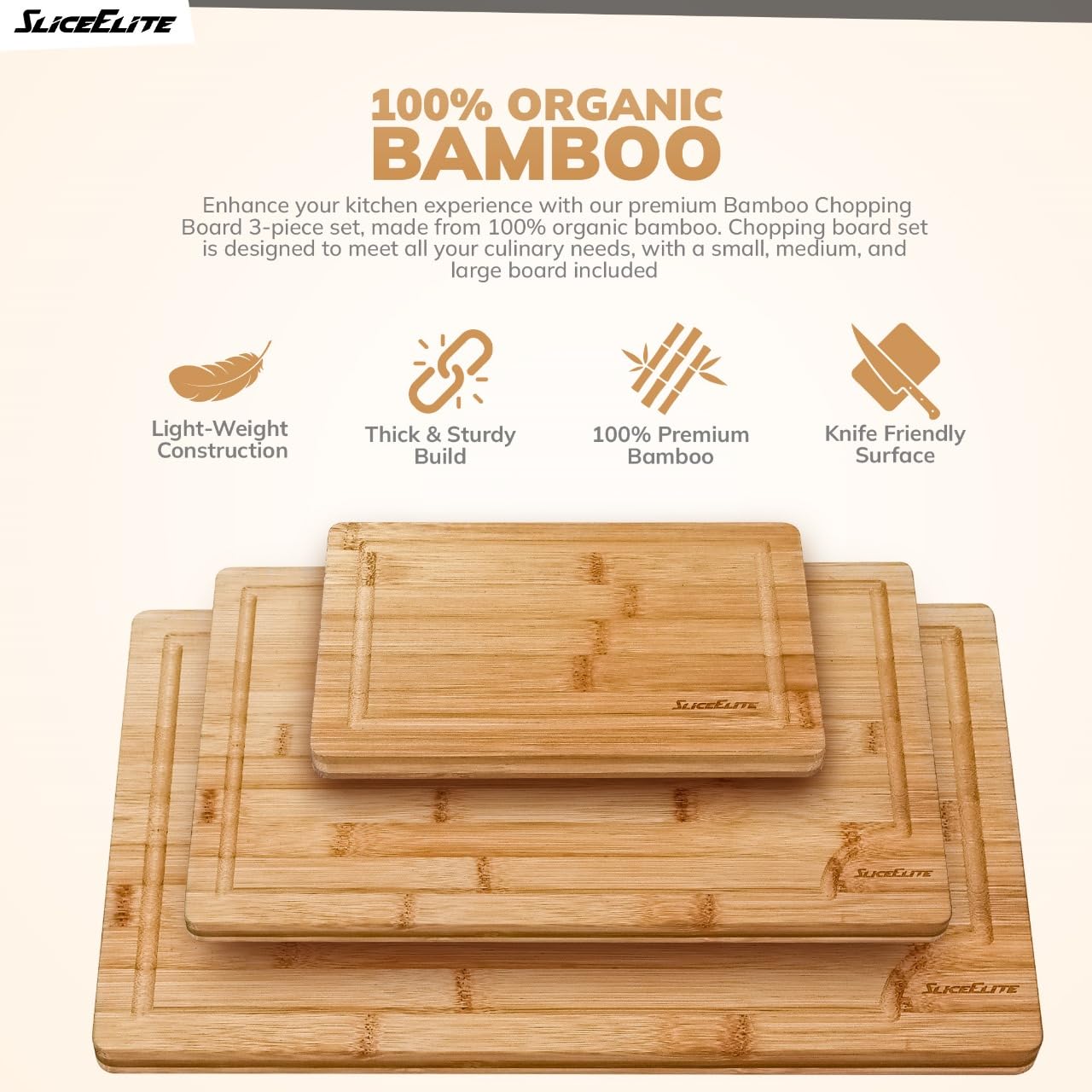 SliceElite bamboo cutting board stackable for easy storage.