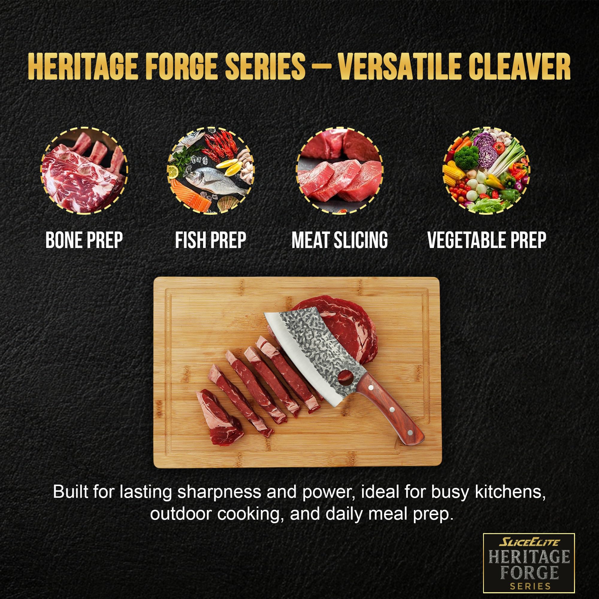 SliceElite cleaver with non-stick blackened blade eases cleanup after heavy slicing.