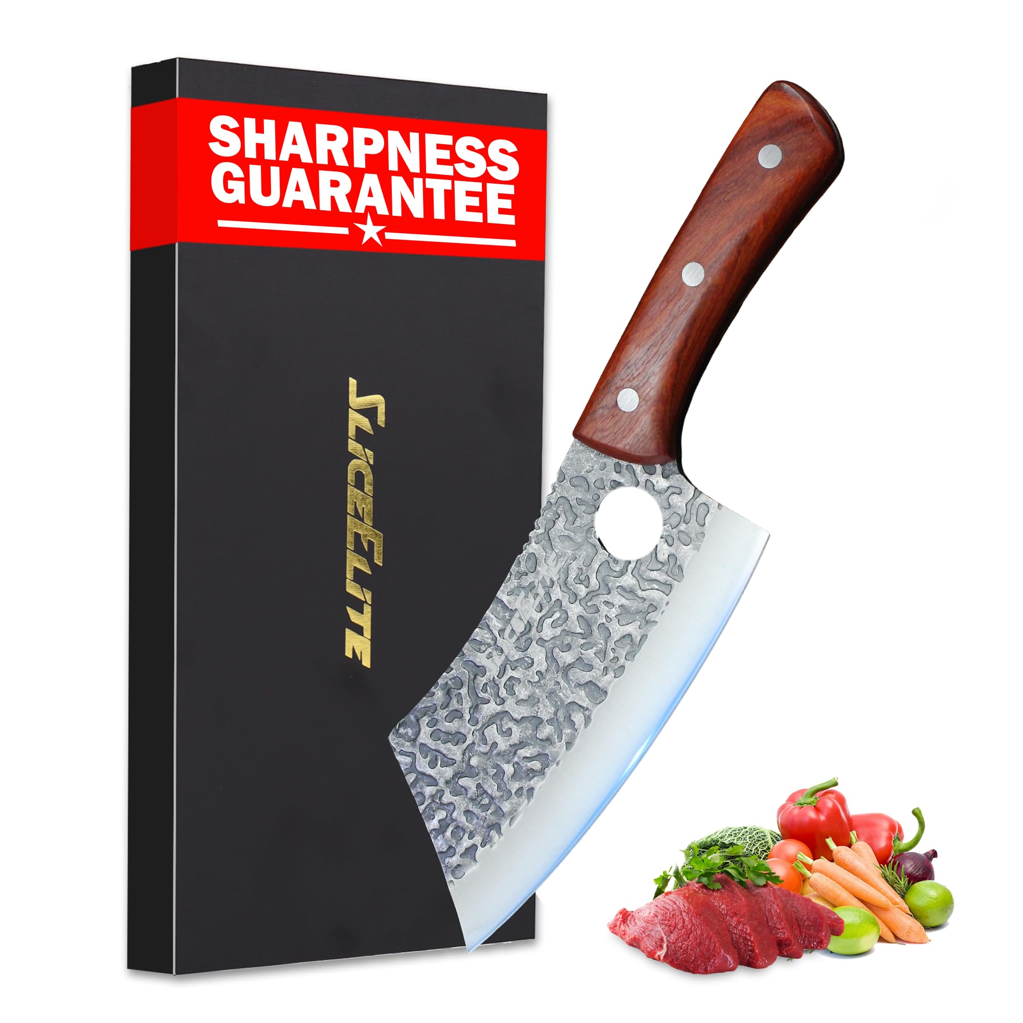 SliceElite hand-forged cleaver blade close-up highlights sharp German steel for dense meat.