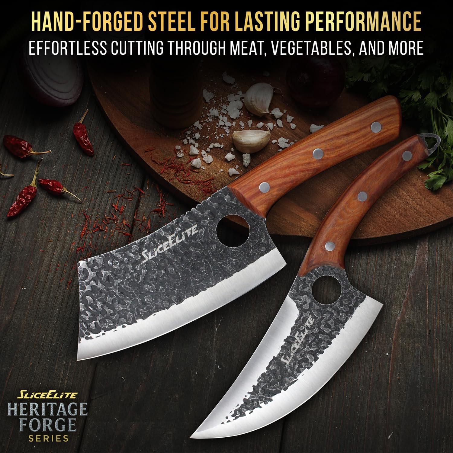 SliceElite hand-forged knife set from German steel with razor-like sharpness.