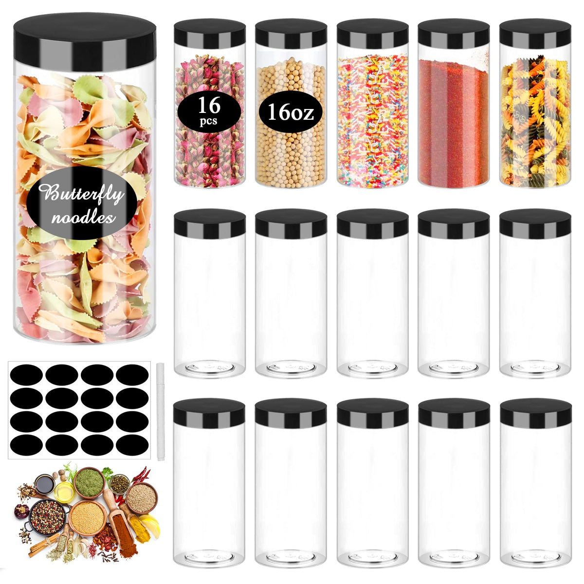 SLifeJars 16oz clear jar with black lid shows durable, stackable pantry storage