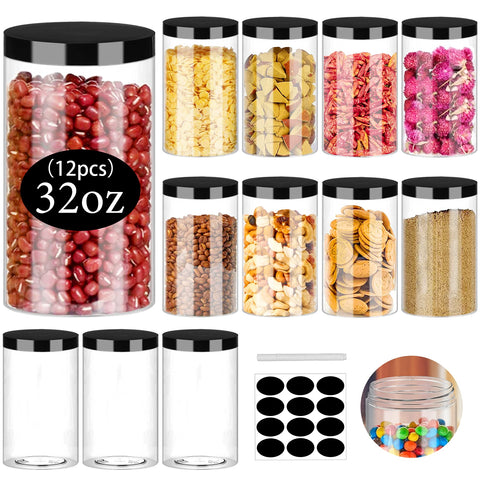 SLifeJars 32oz clear jar pack with black lids for pantry organization.