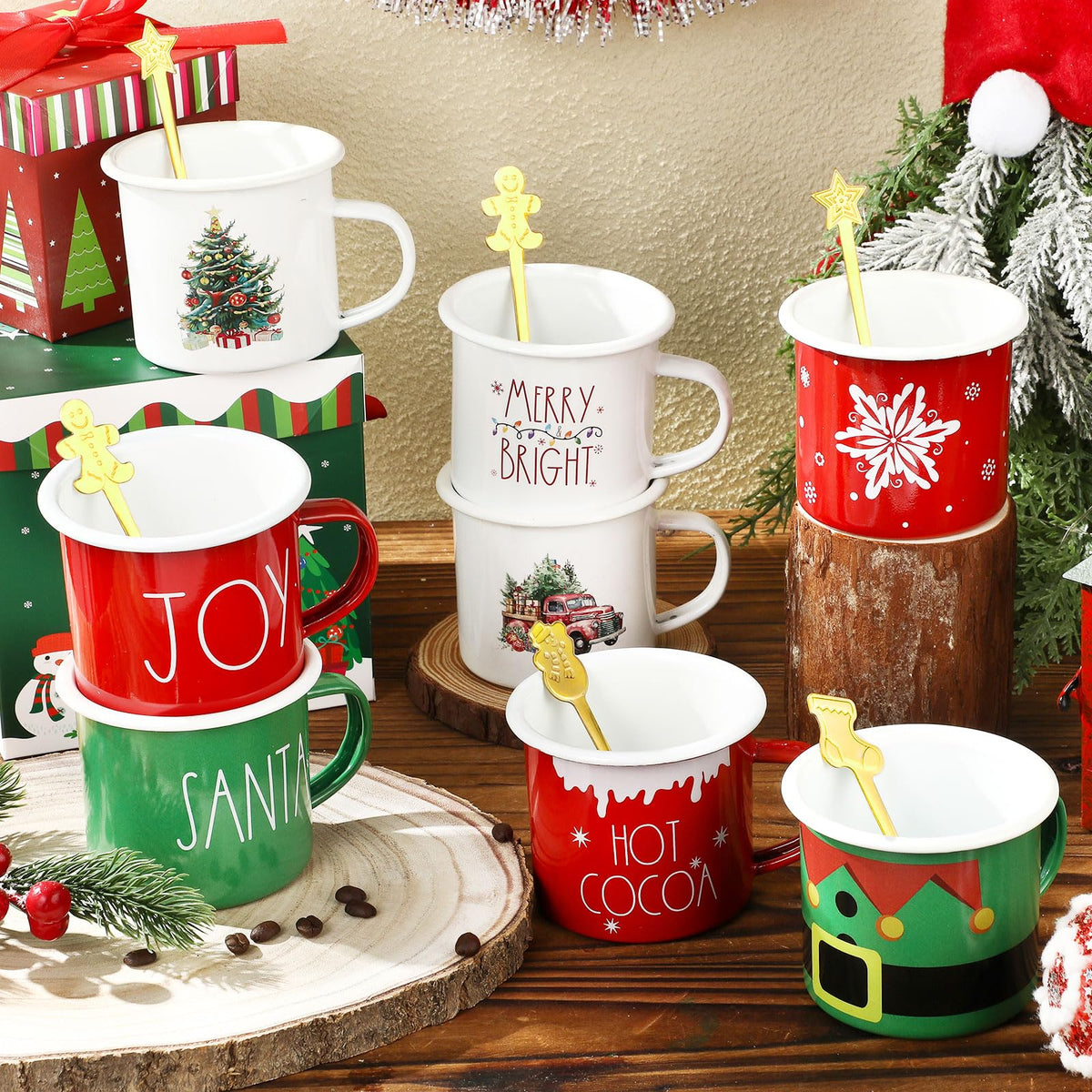 Sliner 8-piece Christmas mugs set with Santa and snowman patterns for festive drinks.