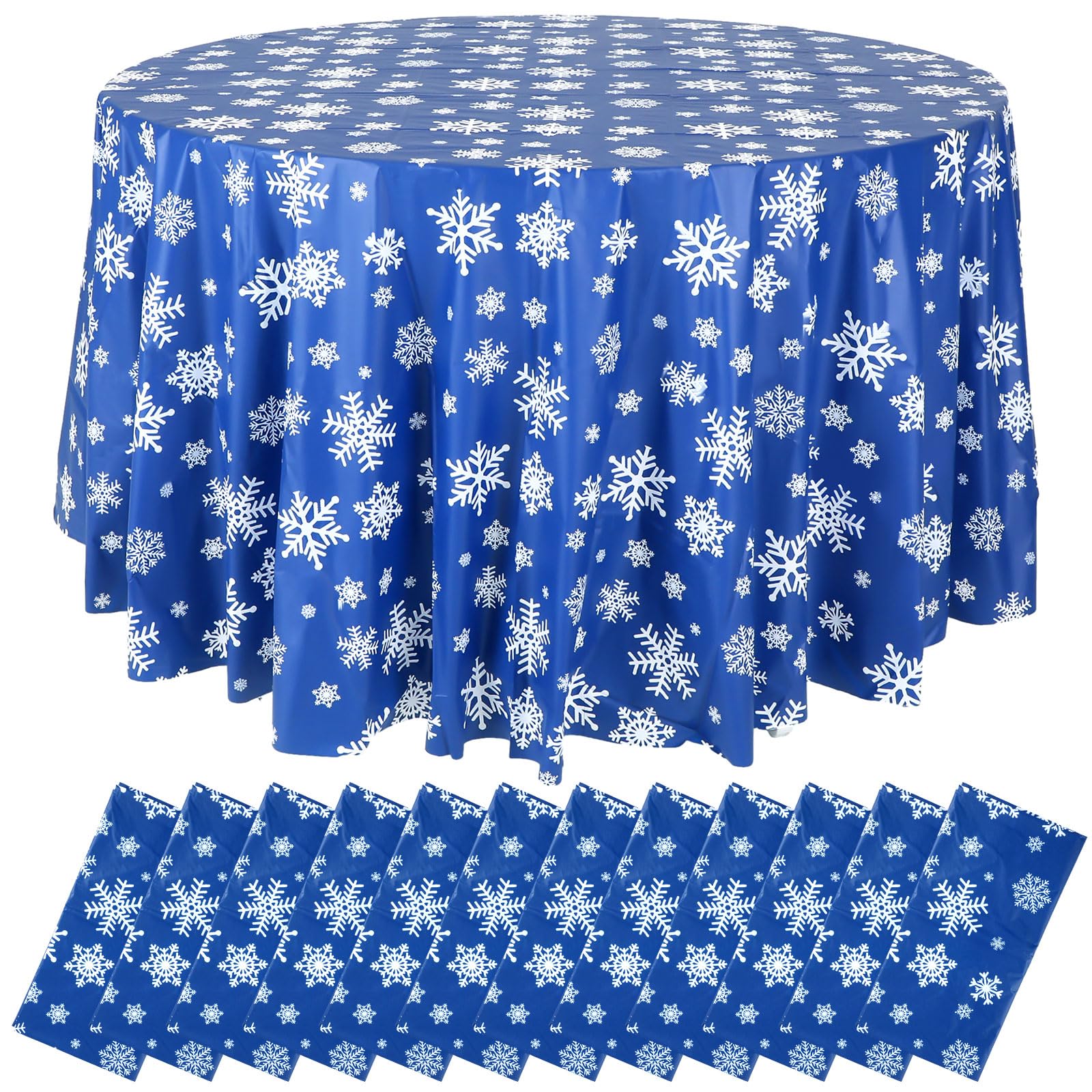 Sliner blue snowflake round tablecloth covers an 84-inch table for festive winter gatherings.