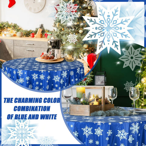 Sliner blue snowflake tablecloth on a dining table enhances a cozy winter tablescape.