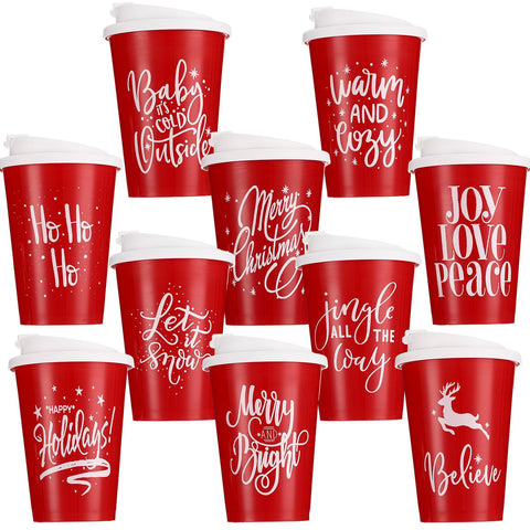 Sliner Christmas coffee cup with red lid, festive and spill-resistant.