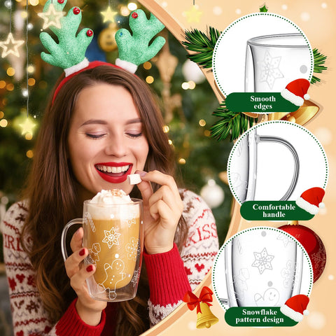 Sliner Christmas tree pattern glass mug enhances holiday sipping.