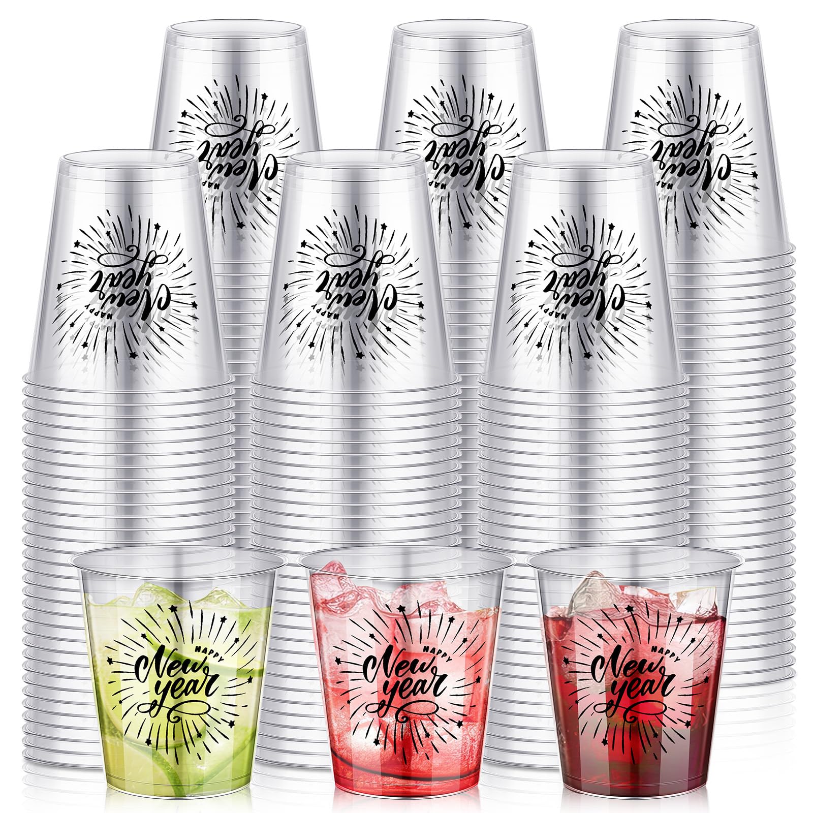 Sliner Happy New Year 2 oz shot glasses on table, clear plastic for parties