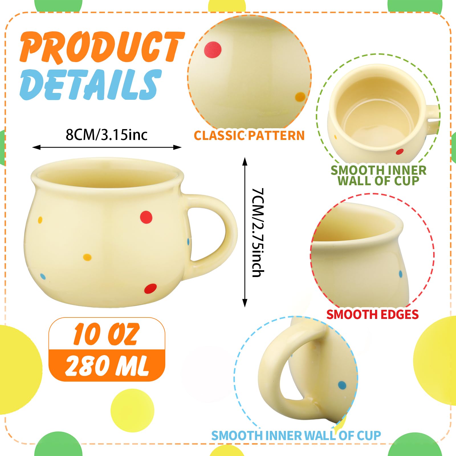 Sliner polka-dot 10oz mugs on dining scene, stylish addition