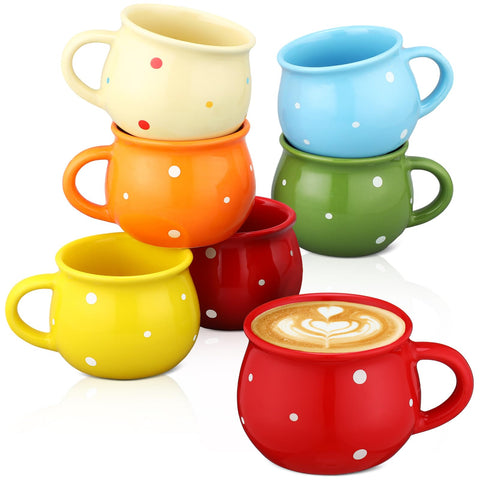 Sliner polka-dot 10oz coffee mug in assorted colors, ideal for daily coffee ritual