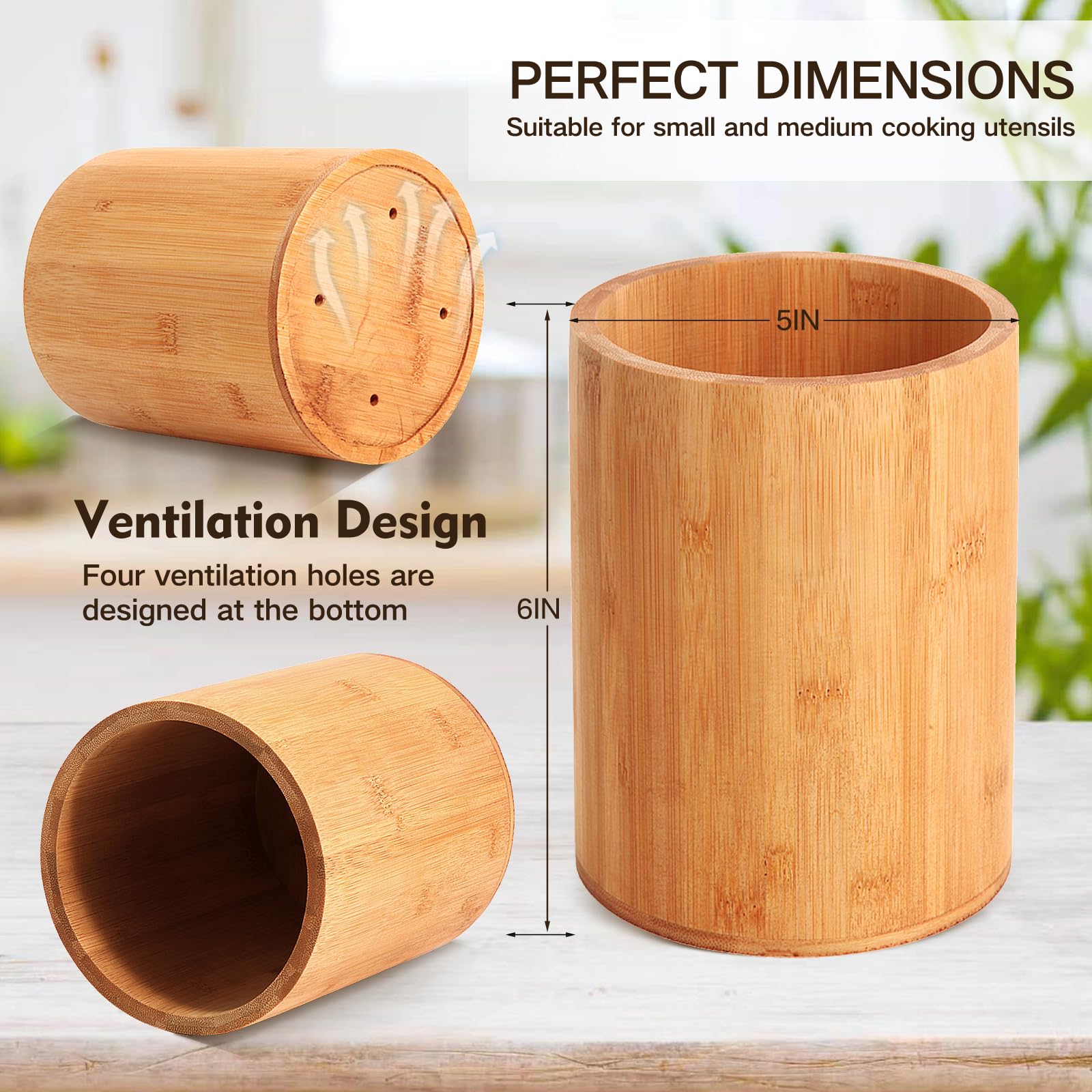 SLNIHAMS bamboo utensil holder showing bottom ventilation holes to keep tools dry.