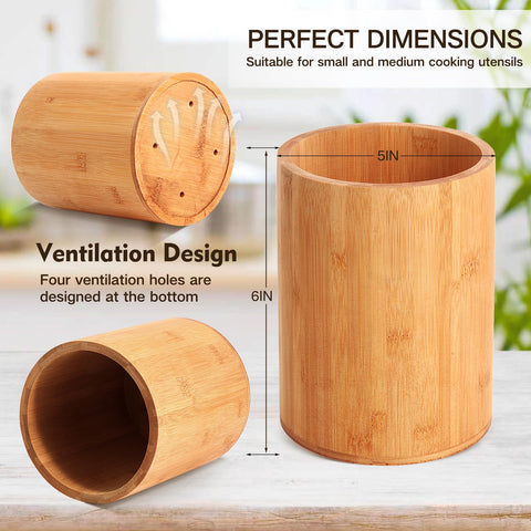 SLNIHAMS bamboo utensil holder showing bottom ventilation holes to keep tools dry.