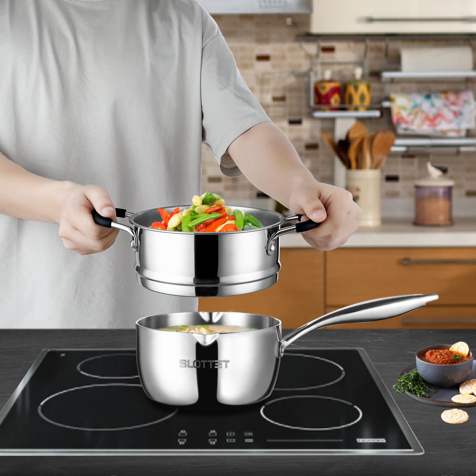 SLOTTET saucepan with cool-touch handle for safe gripping during cooking