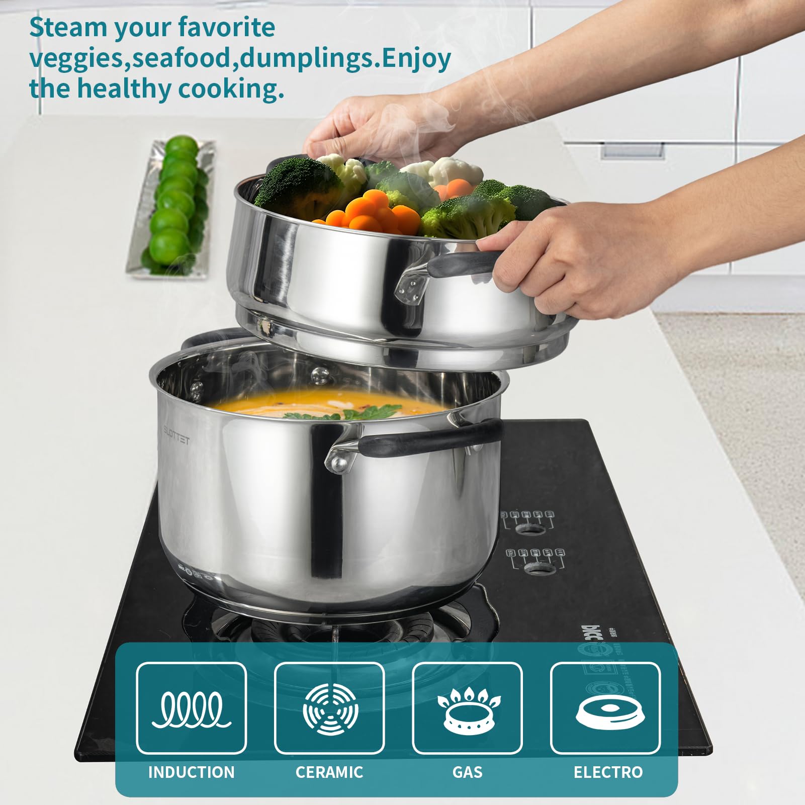 SLOTTET stay-cool silicone handle protects hands during handling.