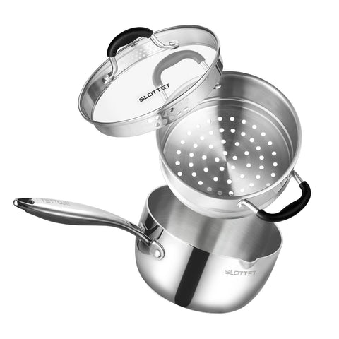 SLOTTET Tri-Ply saucepan with steamer lid enables fast, even cooking.
