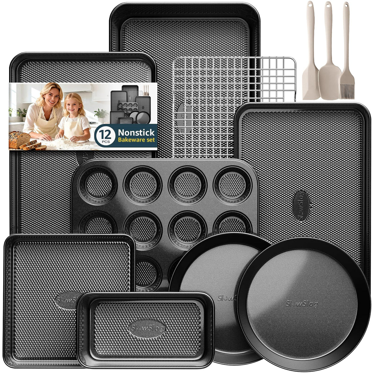Slow Slog 12-piece bakeware set with space-saving stackable design.