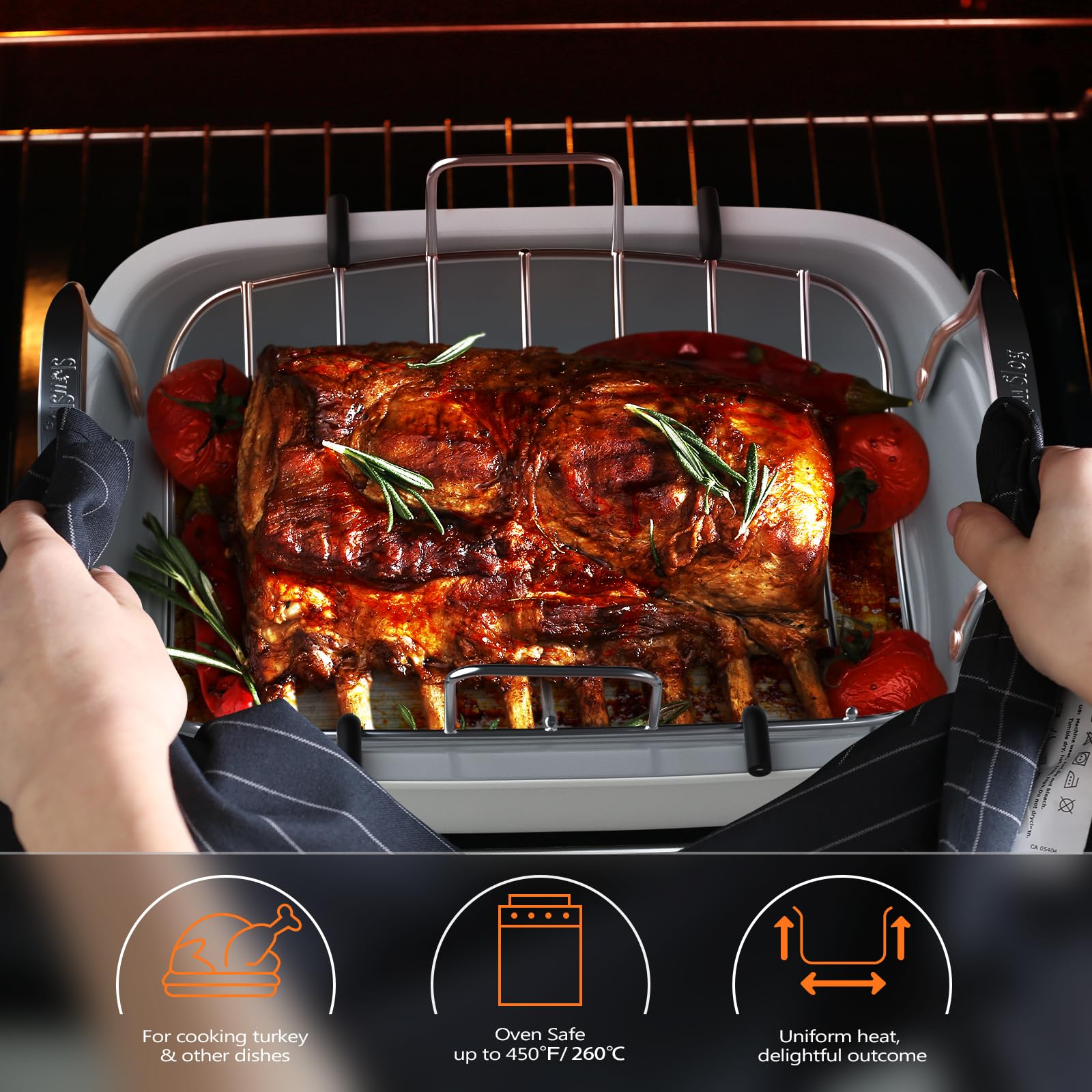 Slow Slog fat-drain roaster keeps juices contained for healthier results.