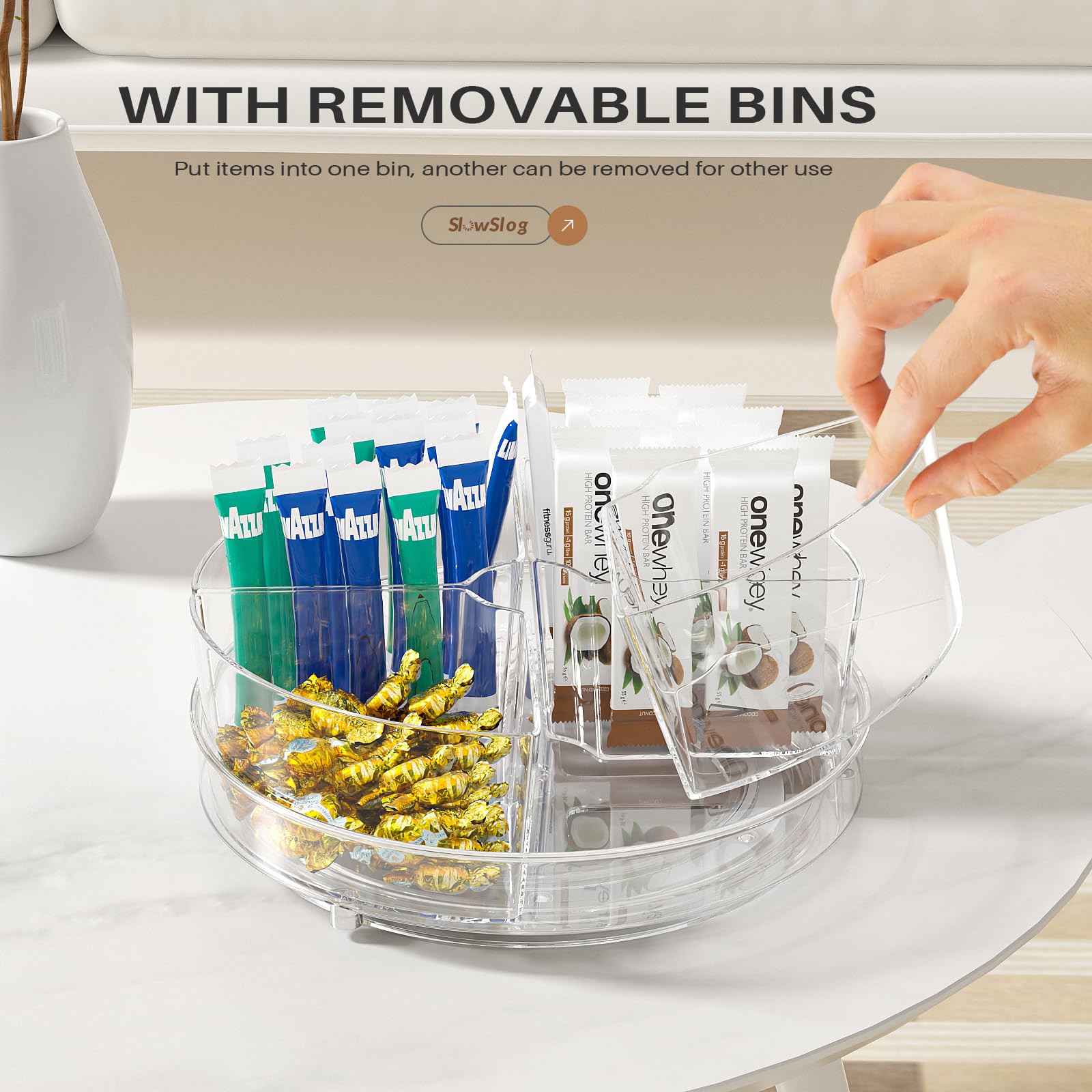 Slow Slog transparent lazy susan helps fridge visibility and quick item access.