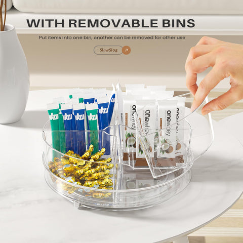 Slow Slog transparent lazy susan helps fridge visibility and quick item access.