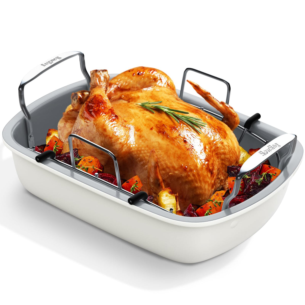 Slow Slog nonstick turkey pan 17x13 with rack for easy food release.