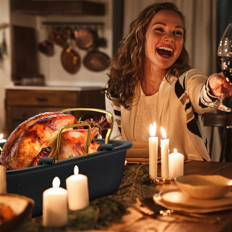 Slow Slog family-dinner-ready pan shown in warm kitchen setting.