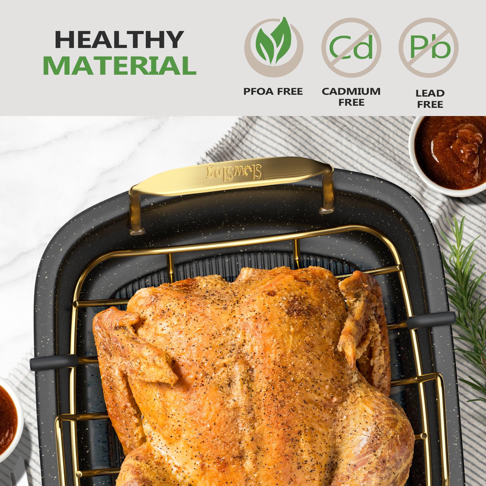 Slow Slog pan features wide handles for easy transfer.