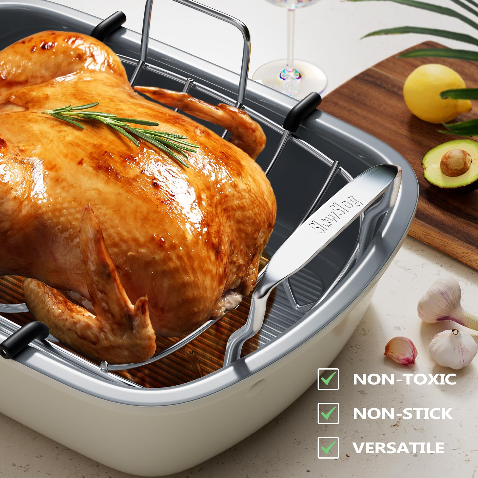 Slow Slog roasting pan with rack ensures even browning and drainage.