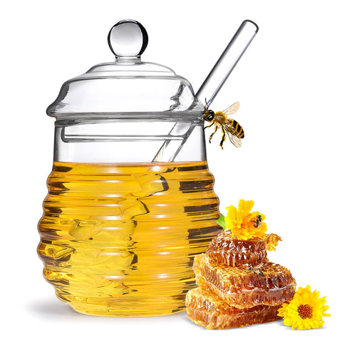 SlZKADY honey jar with dipper and lid for easy, mess-free pouring.