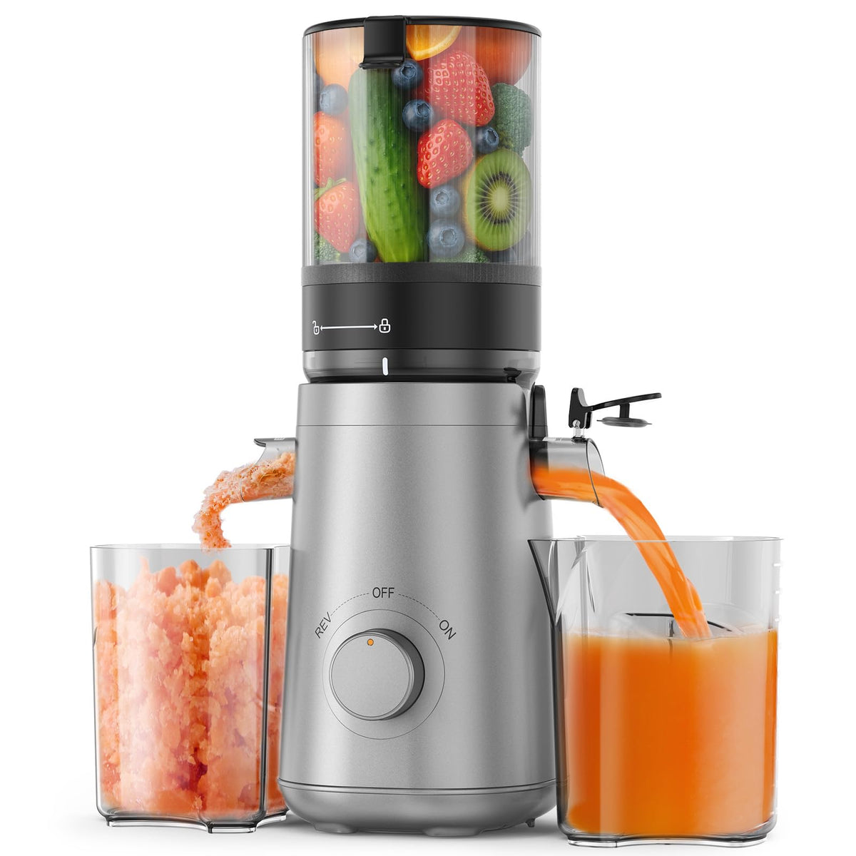 SmallHOO cold press juicer with 58-inch feed chute for whole produce.