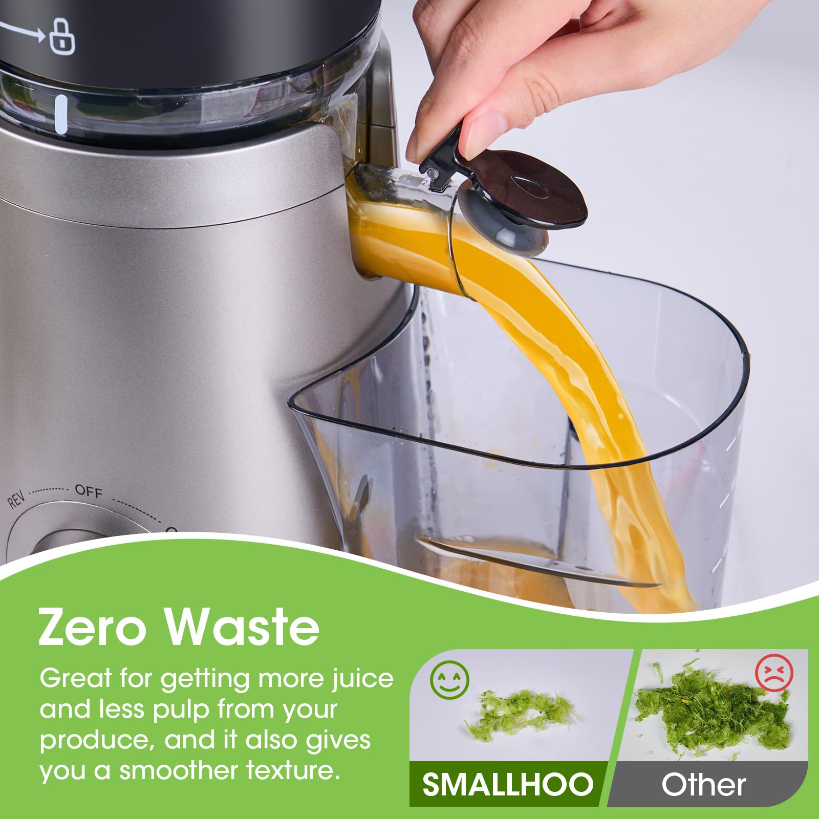 SmallHOO juicer showing 60 oz hopper for multi-serving batches.