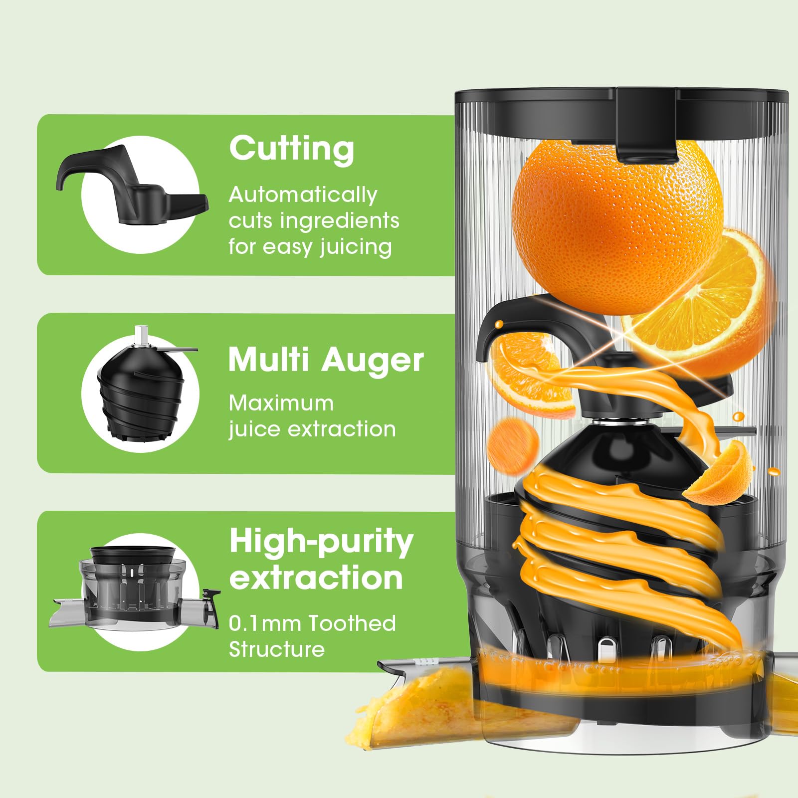Safe feed chute design on the SmallHOO juicer reduces risk during juicing.