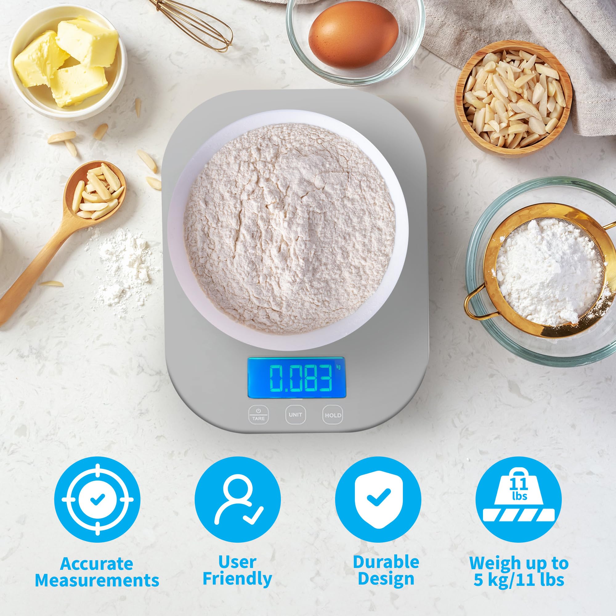 Smart Weigh gray digital scale backlit display for easy weighing in dim kitchens.