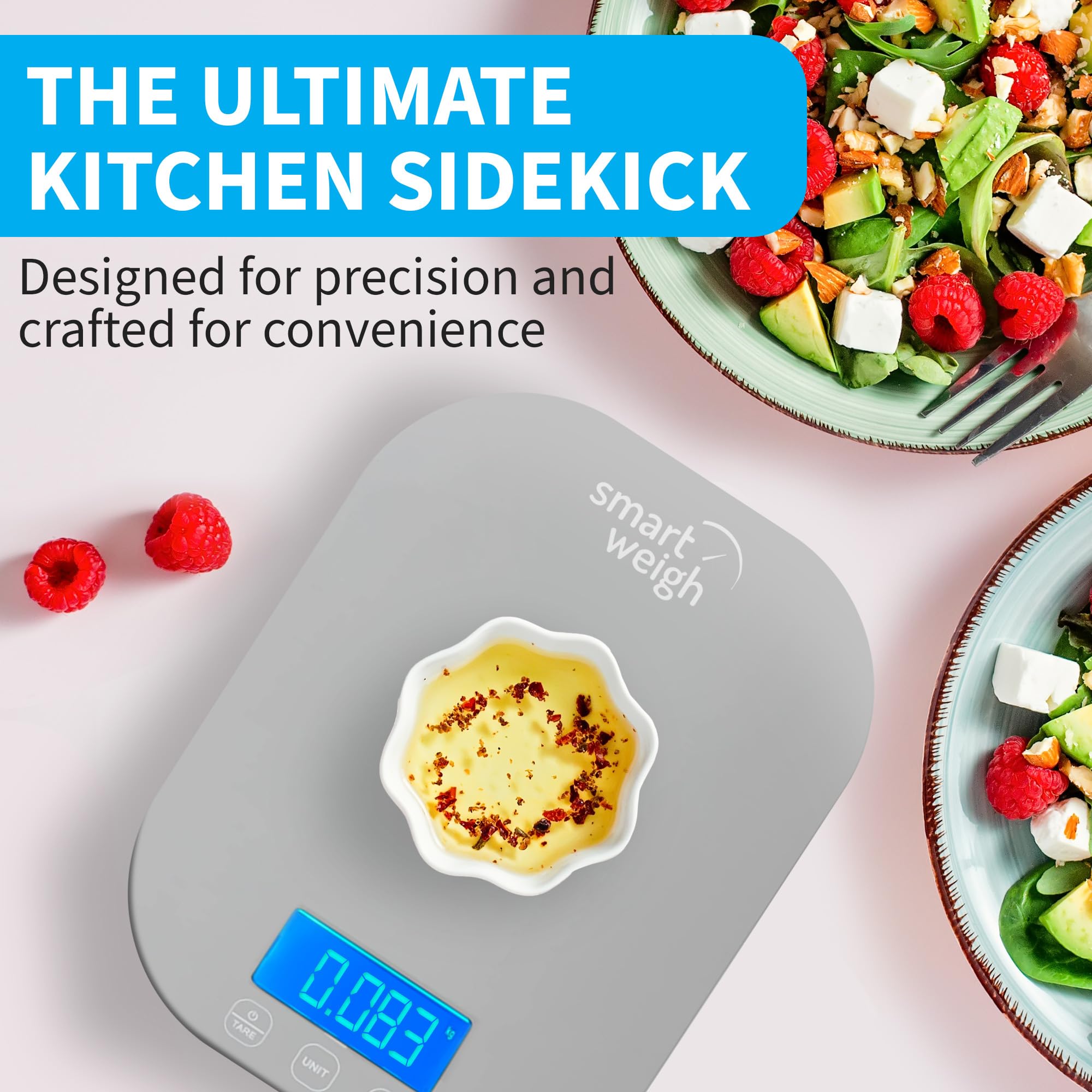 Smart Weigh gray digital scale reveals battery compartment for quick setup.