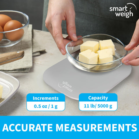 Smart Weigh gray digital scale compact design fits in small kitchens and drawers.