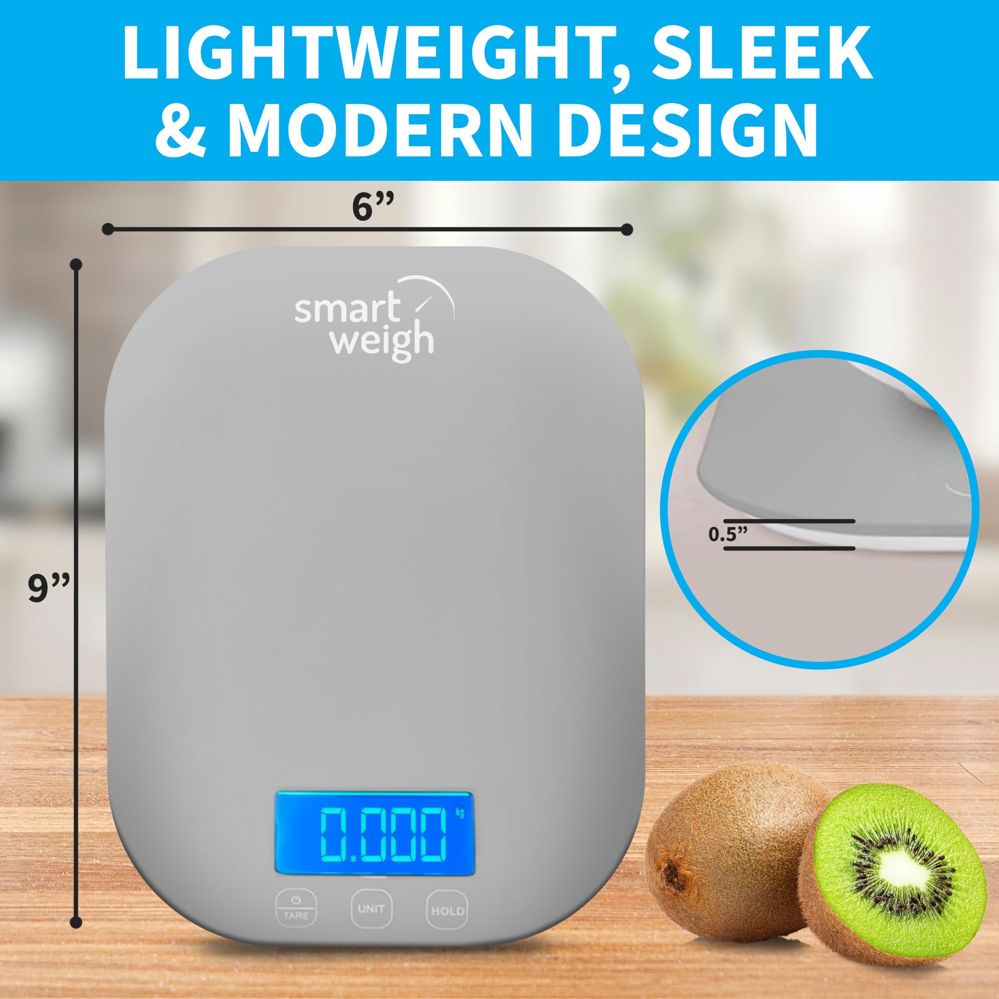 Smart Weigh tare button on the gray digital scale enables accurate net weights.