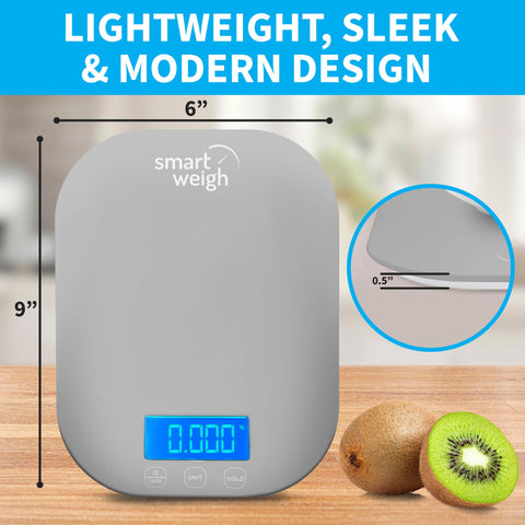 Smart Weigh tare button on the gray digital scale enables accurate net weights.