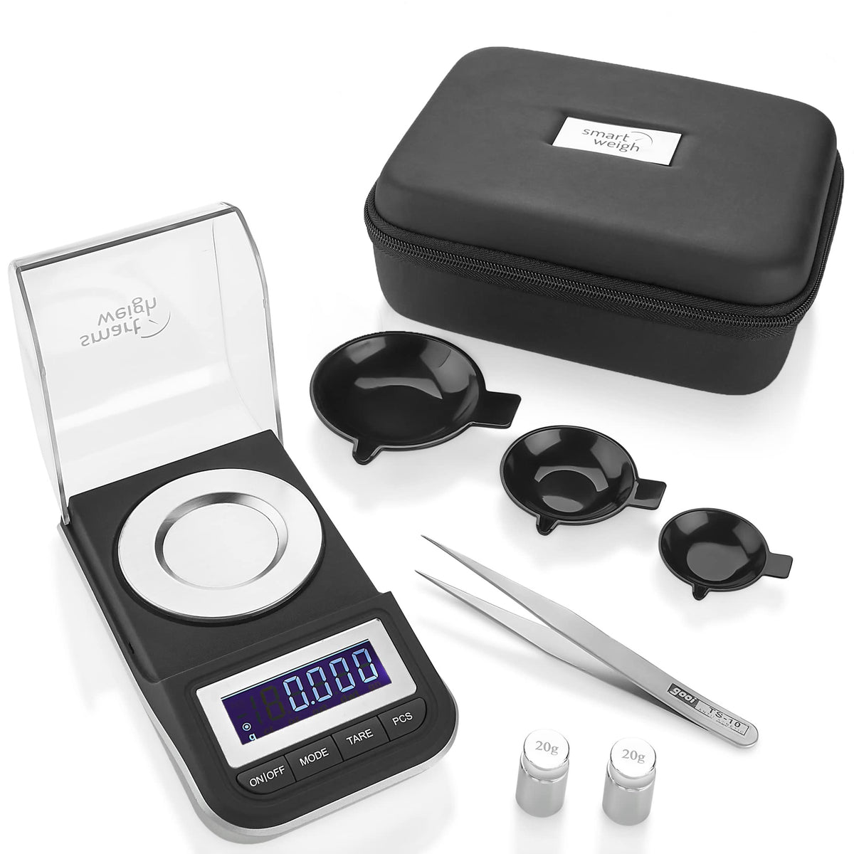 Smart Weigh milligram scale on a clean counter showing precise measurements