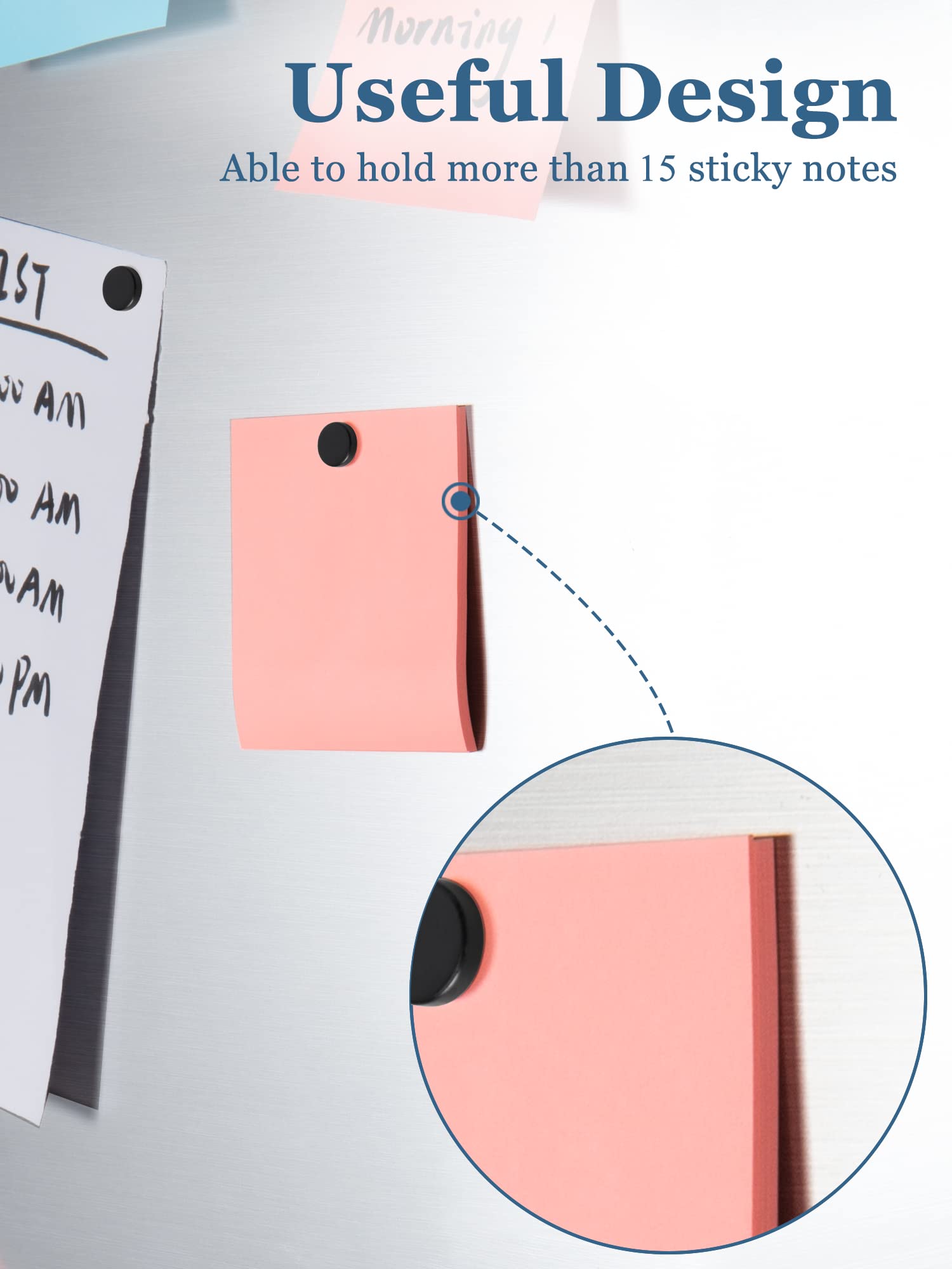 Smartake magnets holding multiple sticky notes on a whiteboard for quick reminders.