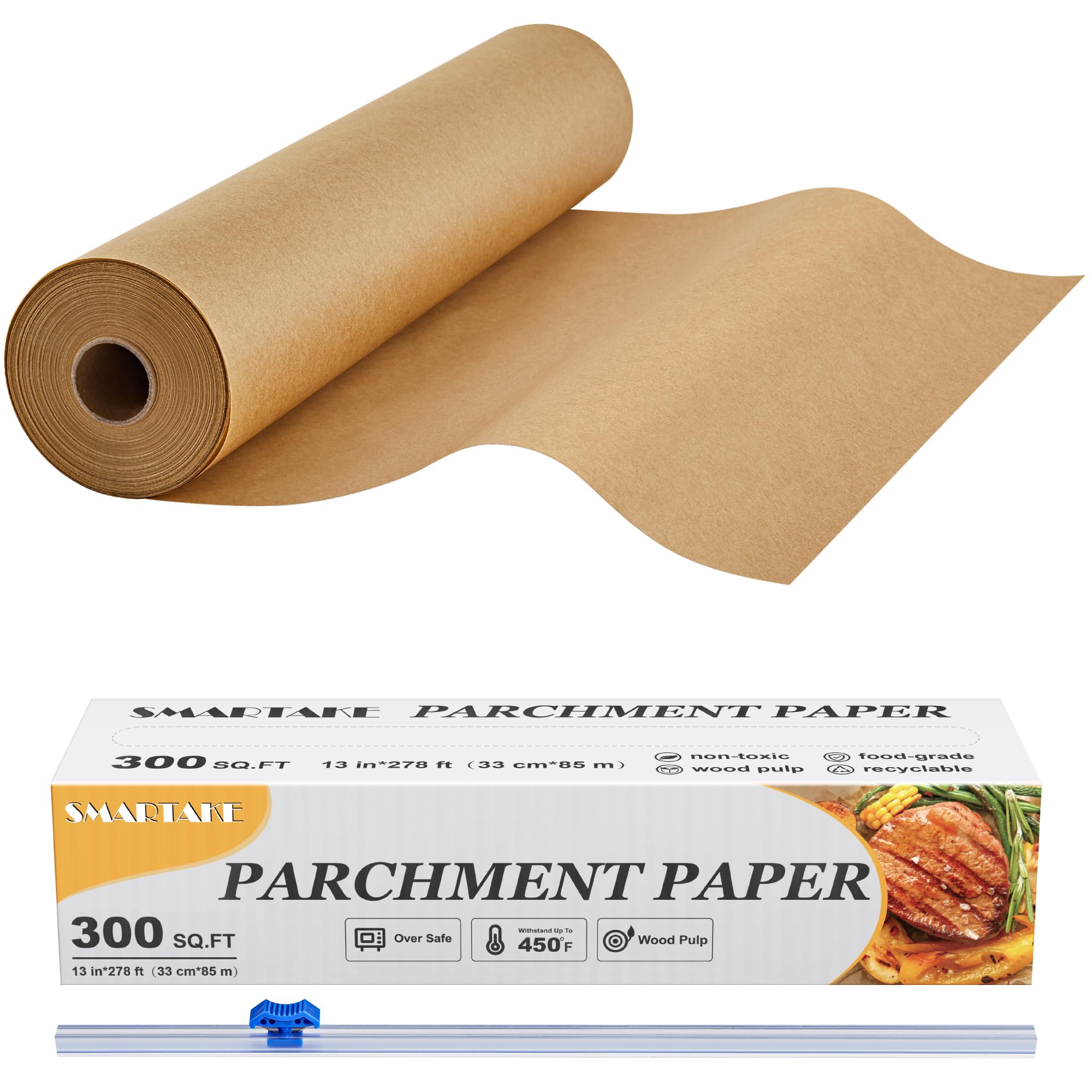SMARTAKE parchment paper roll, 13in x 278ft, non-stick surface for easy baking.