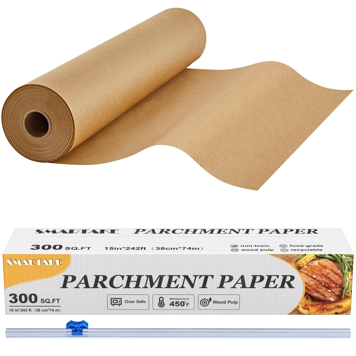 SMARTAKE parchment roll 15in wide and 242ft long for extended baking sessions.