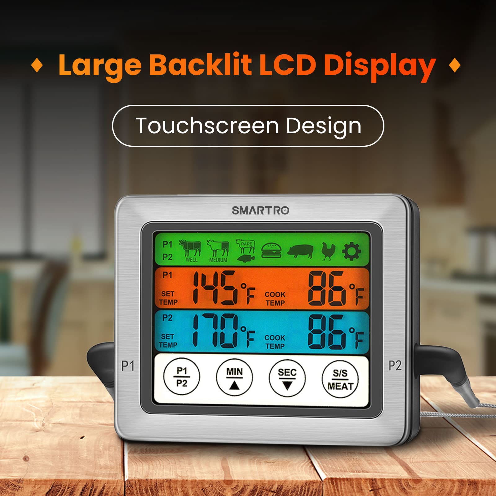 Retractable bracket and magnets keep the thermometer within reach while cooking.