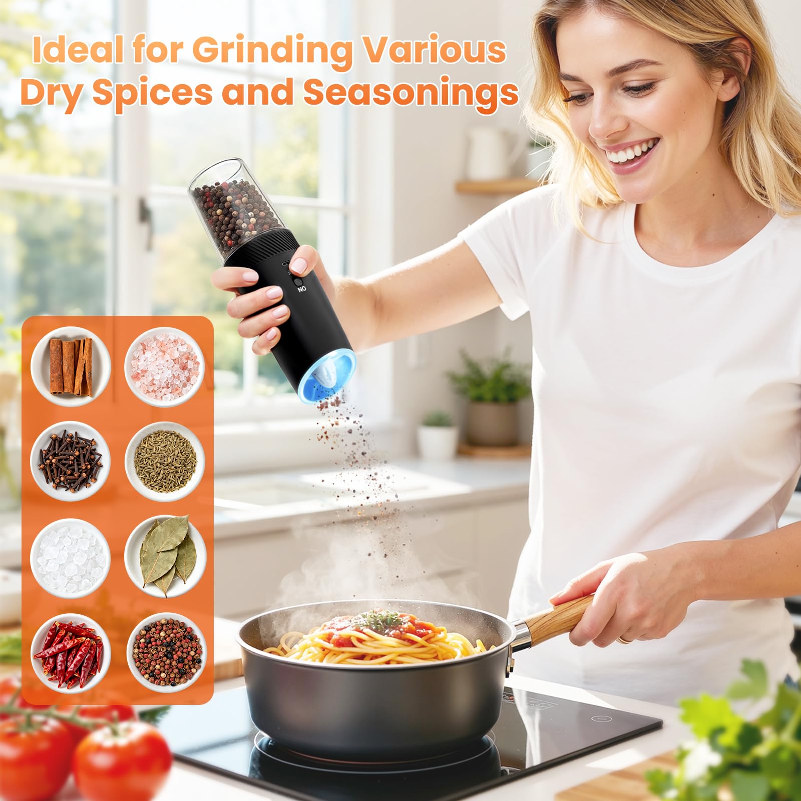 SmartTrends gravity grinder LED light illuminates seasoning during cooking.