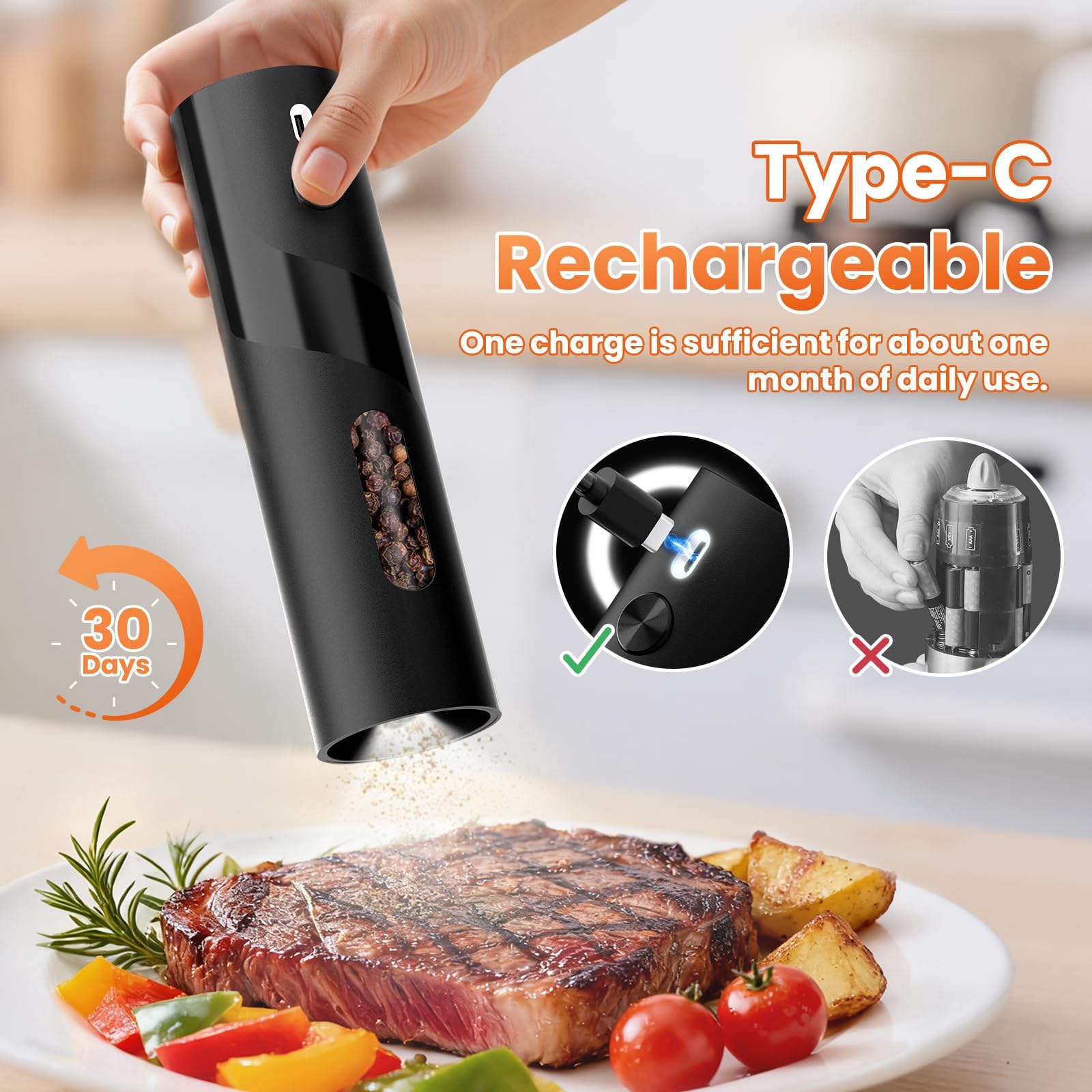 SmartTrends rechargeable grinder with USB-C port for cordless, convenient seasoning.