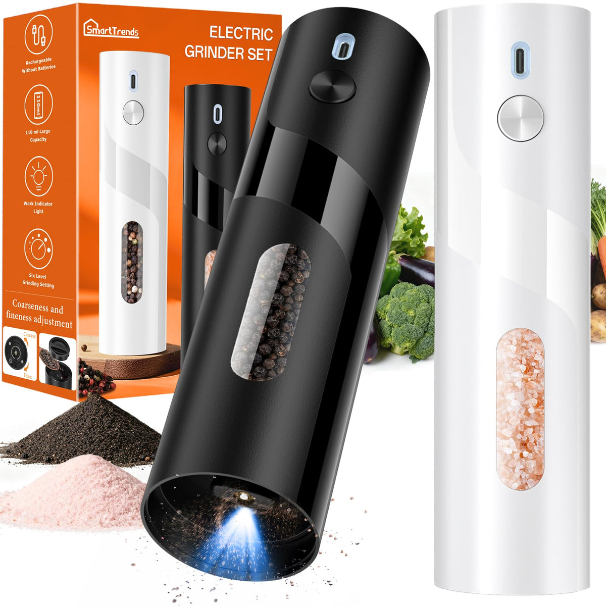 SmartTrends salt and pepper grinder set with 110ml capacity and black-white finish.