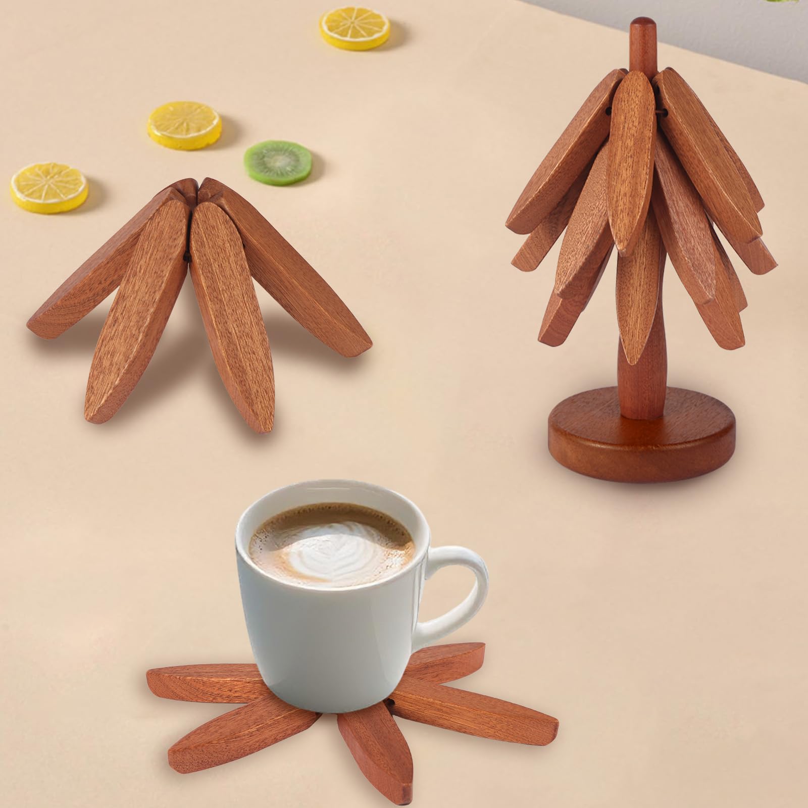 Close-up of Smartwikiit natural sapele wood trivet with smooth edges