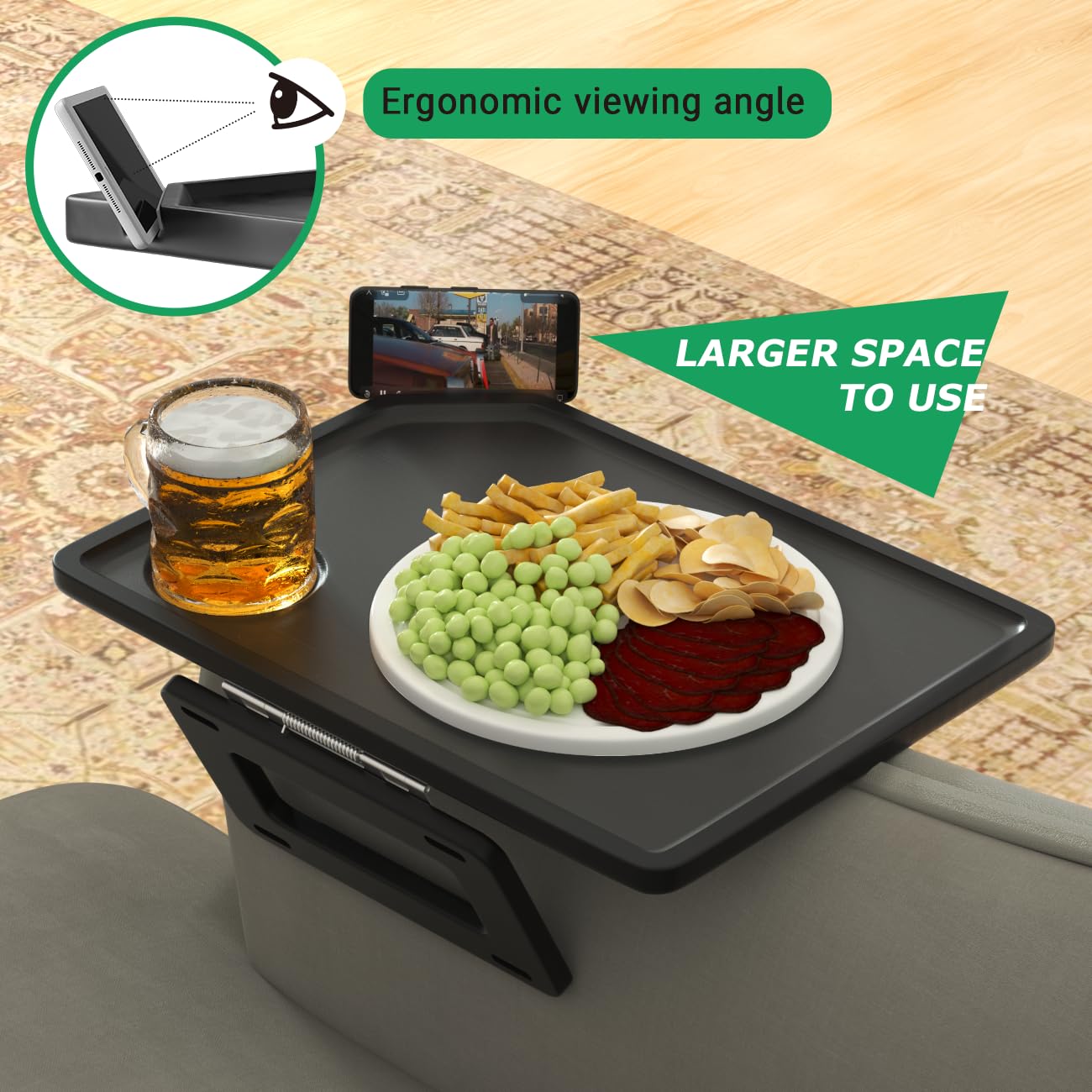 Smatdecis armrest tray adjustable legs illustrate versatile fit on different sofa shapes